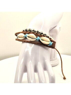 Cowrie Shell Wrap Bracelet, Boho Leather Bracelet, Beach Bracelet, Adjustable